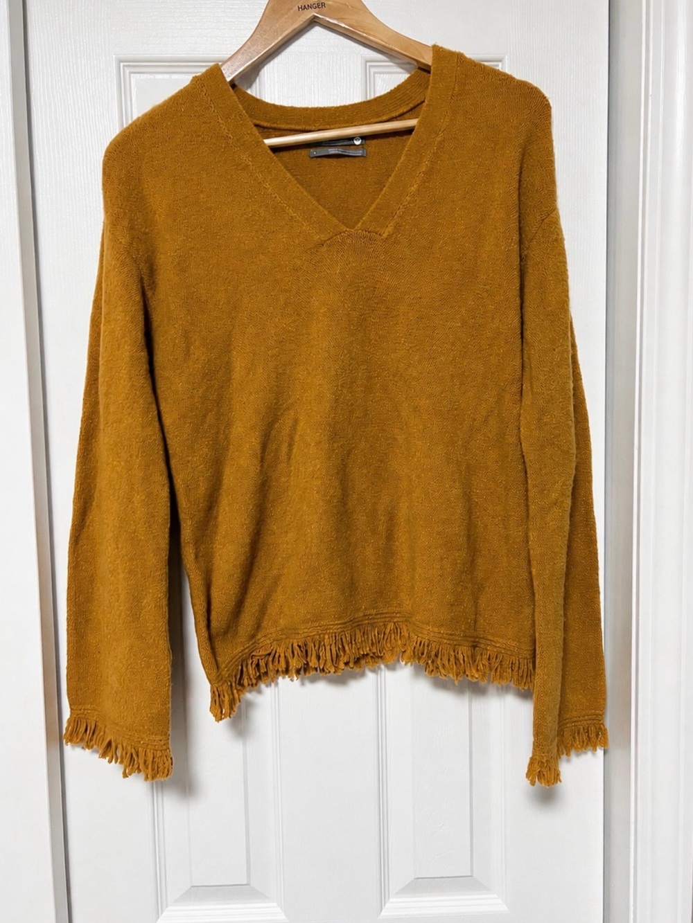 NWT Anthropologie Joy Fringe V-Neck Sweater Mustard Yellow Size Small - Picture 2 of 7